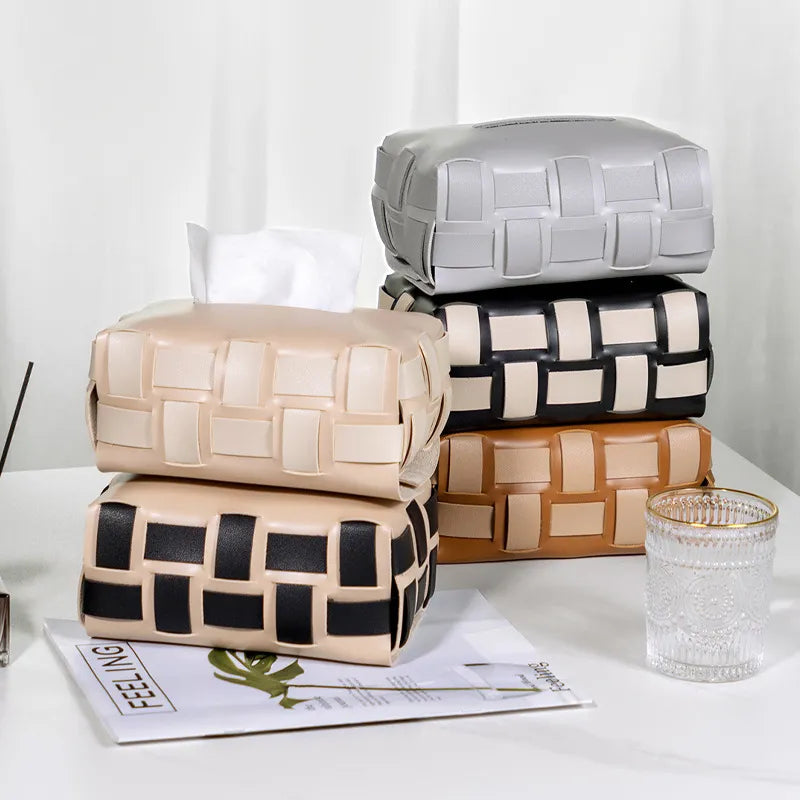 Modern European Woven Leather Tissue Box Fashion Checkerboard Living Room Tabletop Cardboard Box Car Storage Box