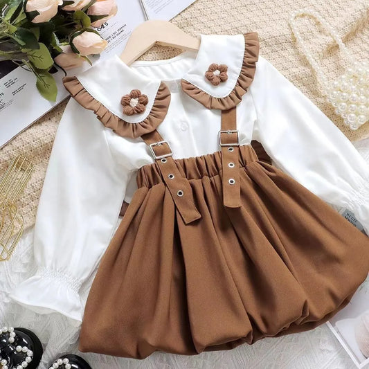 Kids Outfits Girls' Set Spring and Autumn 2023 New Western-style Fashion Splice Versatile Strap Dress Two Blouses Kids Outfits