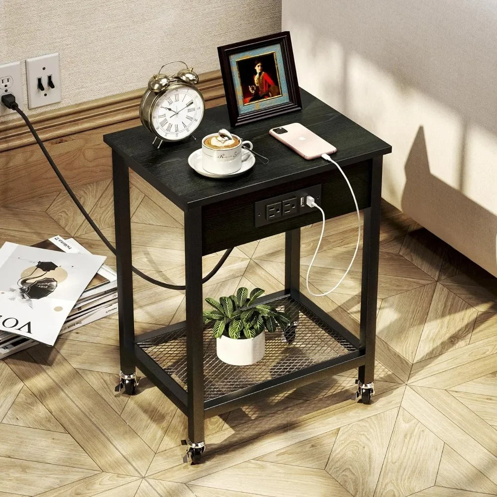 End Table Set of 2 with Charging Station & USB Ports, Side Table with Wheels & Storage Shelf Nightstand for Living Room Bedroom