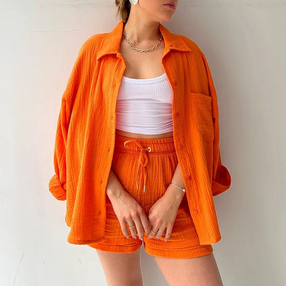 Solid Pleated Two Piece Set for Women 2023 Summer Women's Two Piece Casual Long Sleeve Short Sets Fashion Button Outfits Suit