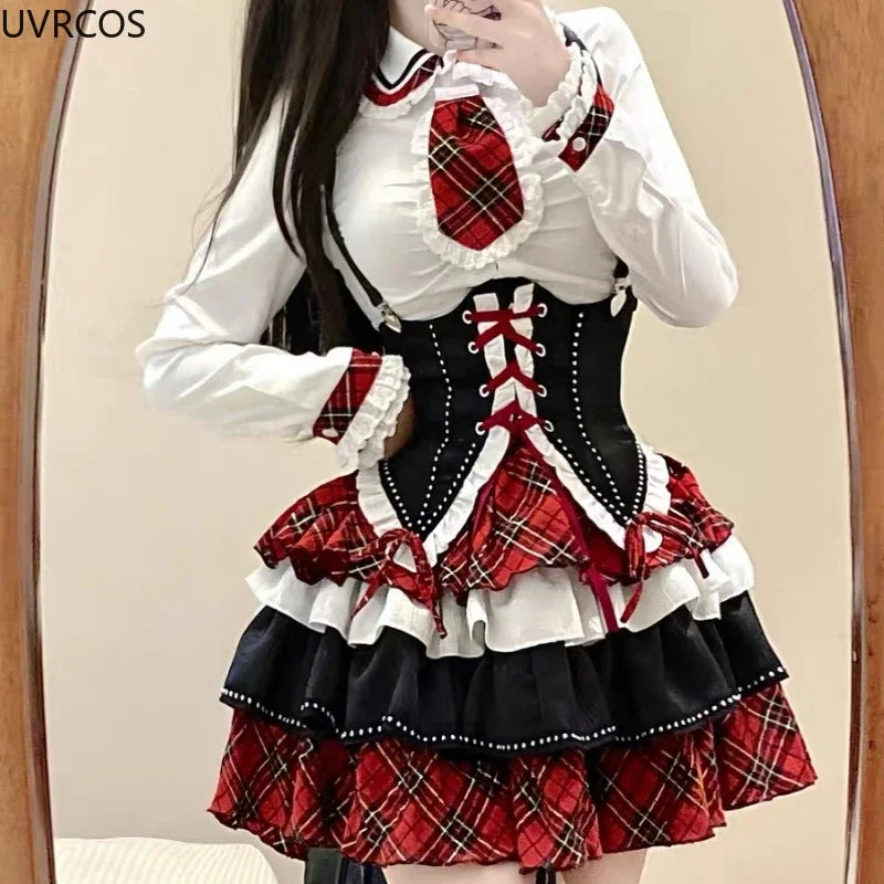 Japanese Gothic Lolita 3 Piece Set Women Plaid Patchwork Kawaii Sweet Mini Skirt Suit Female Korean Fashion Chic Y2k Outfit 2023