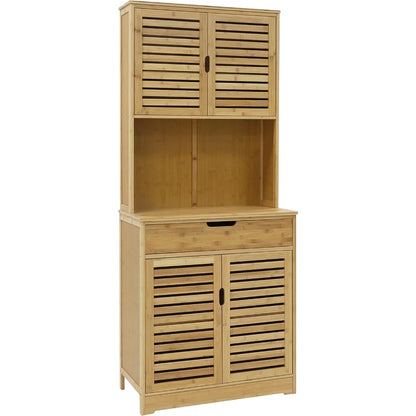 72'' Kitchen Pantry Cabinet Storage Hutch with Microwave Stand, Bamboo Freestanding Pantry Buffet Cabinet with Shelves