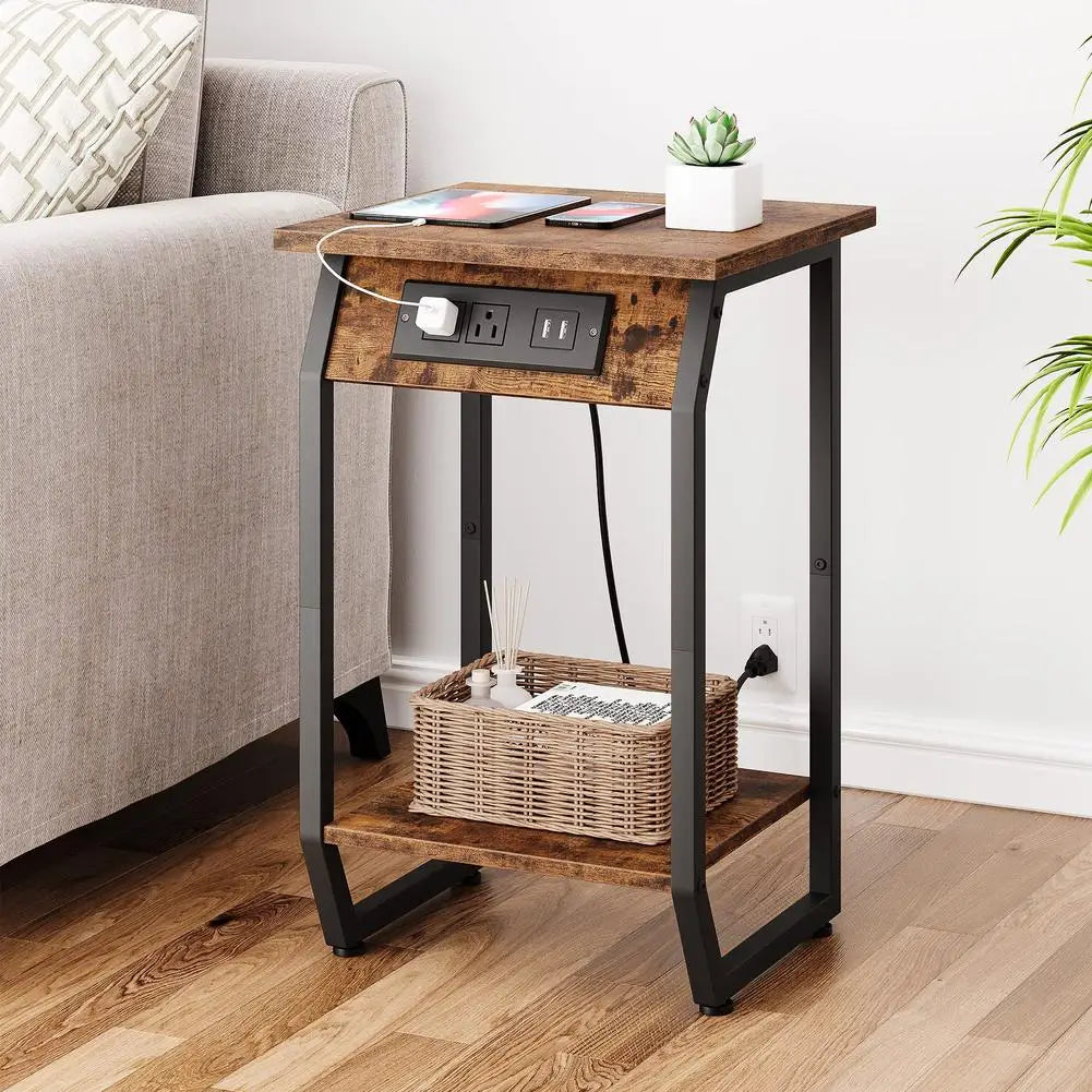 Side Table Vintage End Table with USB Charging Ports and Outlets for Small Space in Living Room Bedroom Bedside Nightstand