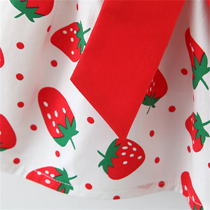 Summer Baby Girl's Dress Small Round Dot Strawberry Print Chest Bow Daily Casual Dress with Hat