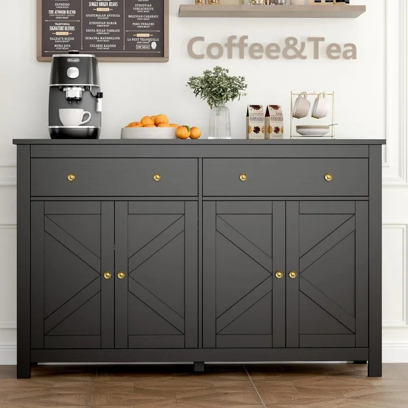 FOTOSOK Black Sideboard Buffet Cabinet with Storage, 55.1" Large Buffet Cabinet Kitchen Cabinet with 2 Drawers and 4 Doors