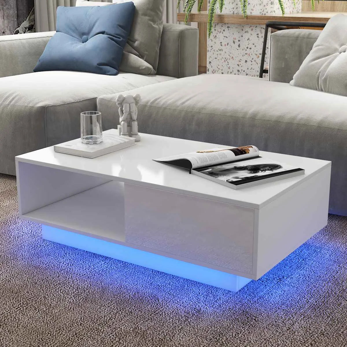 High Gloss Coffee Tables RGB LED End Table Nordic Modern Side Table Living Room Drawers Cabinet Storage Organizer Furniture