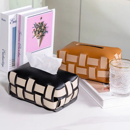 Modern European Woven Leather Tissue Box Fashion Checkerboard Living Room Tabletop Cardboard Box Car Storage Box