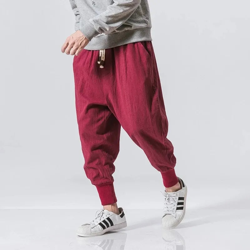 Cotton Linen Harem Pants Men Solid Elastic Waist Streetwear Joggers New Baggy Drop-crotch Pants Casual Trousers Men