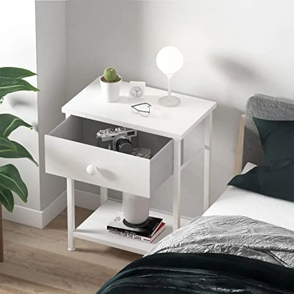 KAI-ROAD White Nightstands Set of 2, Small Night Stand with Drawer End Table for Bedroom, Dorm, Modern