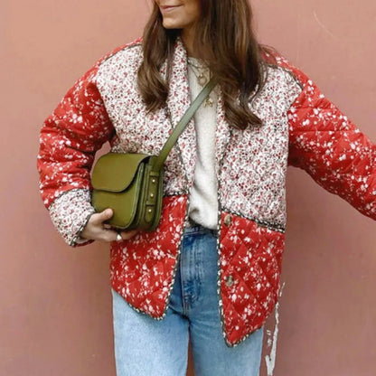 Floral Print Spliced Coat For Women Winter Cotton Down Coats Long Sleeve Thick Warm Cotton Padded Jacket Lightweight Outerwear
