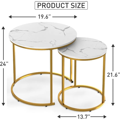 White Marble Nesting Coffee Table for Small Place 24 in 2 Sets High Side End Sofa Table Nightstand Modern Furniture Living Room