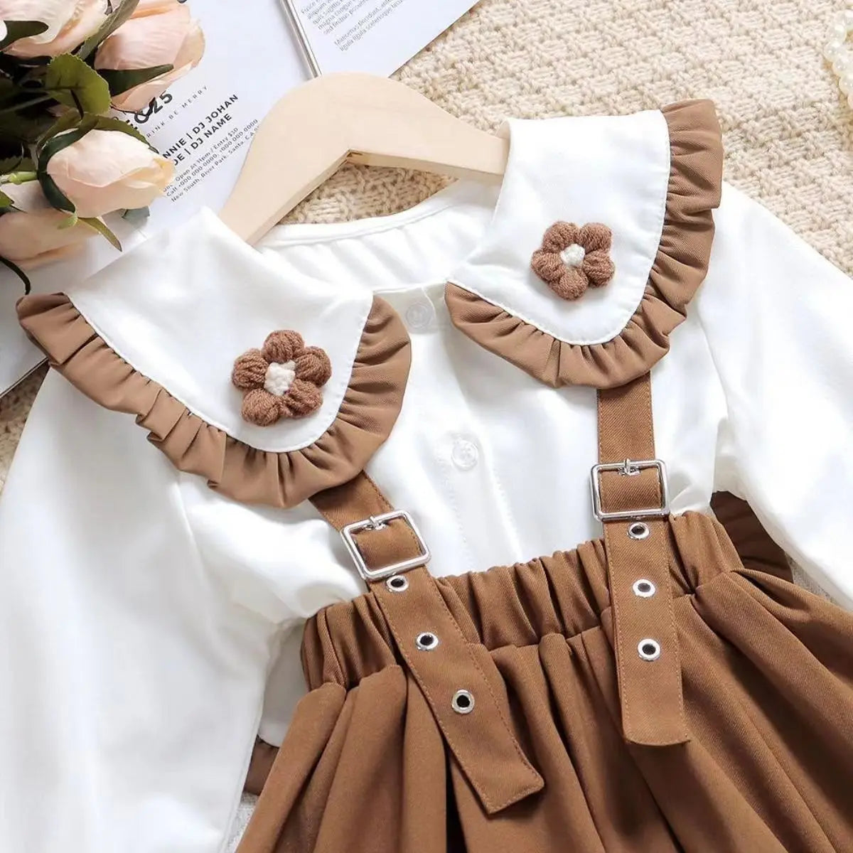 Kids Outfits Girls' Set Spring and Autumn 2023 New Western-style Fashion Splice Versatile Strap Dress Two Blouses Kids Outfits