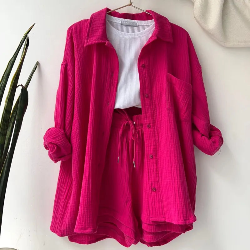 Solid Pleated Two Piece Set for Women 2023 Summer Women's Two Piece Casual Long Sleeve Short Sets Fashion Button Outfits Suit