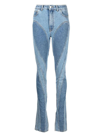 DEAT Fashion Women's Jeans Slim Deconstruct Panelled Patchwork High Waist Split Blue Long Denim Pants Autumn 2024 New 1DF2575