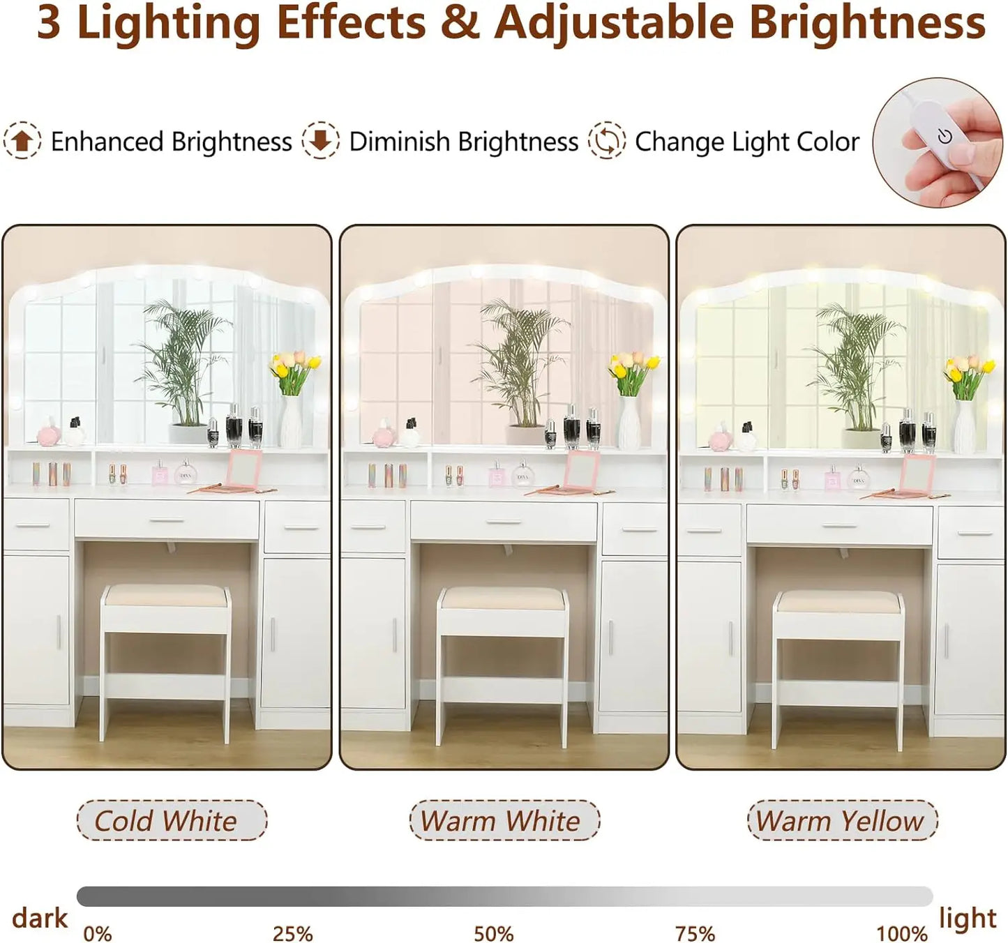 Modern Makeup Vanity Table with 3 Drawers, 2 Storage Cabinets & 10 LED Bulbs, Bedroom Dressing Table with Cushioned