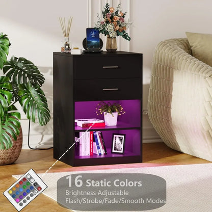 End Table With USB Ports and Outlets Living Room Cabinet Nightstand Set of 2 With LED Light Bedroom Furniture Furnitures Bedside