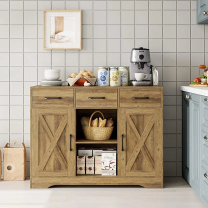 Modern Farmhouse Buffet Storage Cabinet, Barn Doors Wood Sideboard with Drawers and Shelves For Coffee Bar, Kitchen, Dining Room