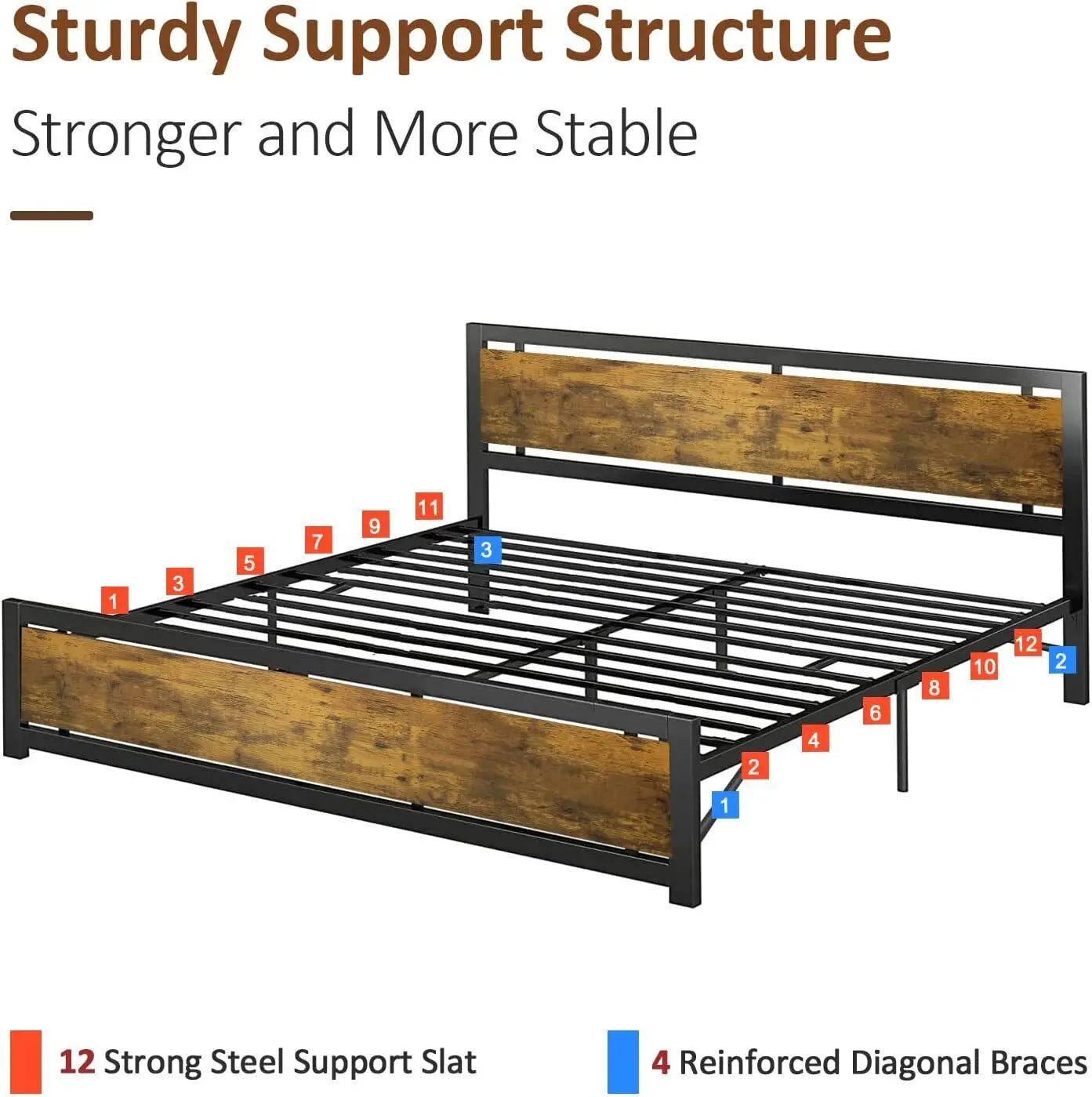 King size industrial style design with wooden platform bed, metal frame bed, bedroom double bed, single bed, adults or teenagers