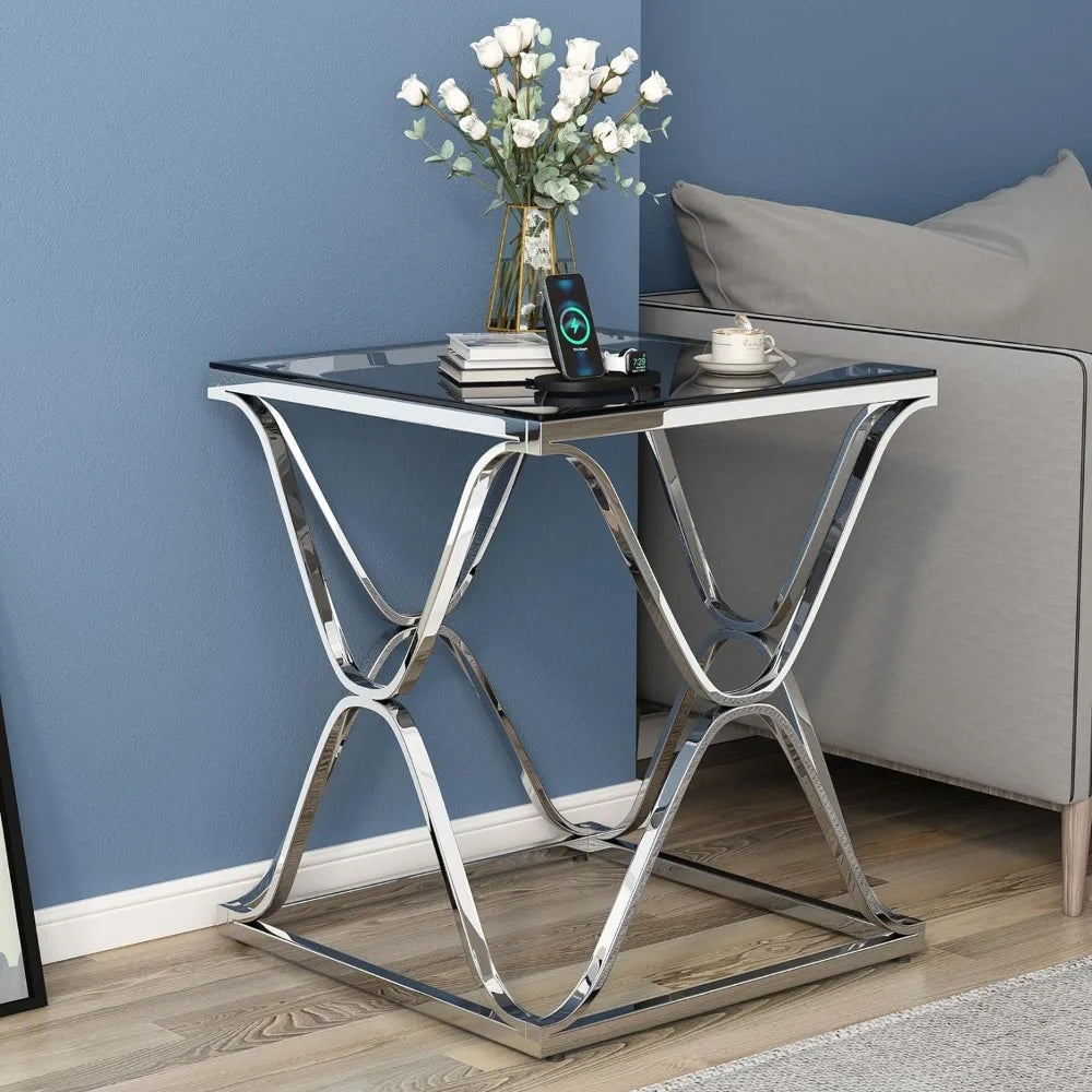 Modern Bedside Table With Tempered Glass Top and Chrome Frame Bed Side Table Living Room Bedroom and Sofa Console Cabinet Corner