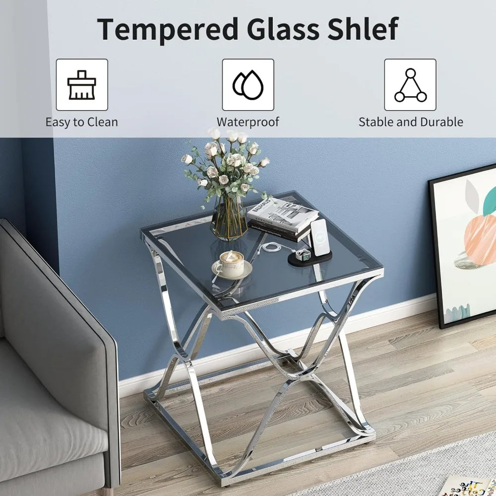 Modern Bedside Table With Tempered Glass Top and Chrome Frame Bed Side Table Living Room Bedroom and Sofa Console Cabinet Corner