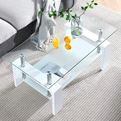 Btrpily Living Room Rectangle Coffee Table, Tea Table Suitable for Waiting Room, Modern Side Coffee Table with Wooden Leg, Glass