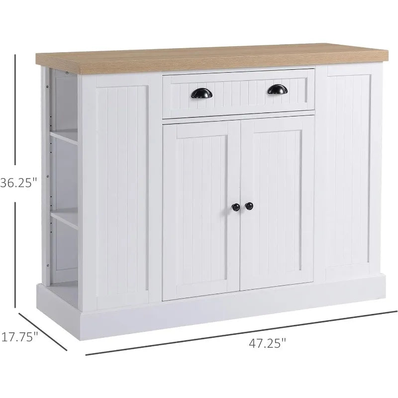 Fluted-Style Wooden Kitchen Island, Storage Cabinet w/Drawer, Open Shelving, and Interior Shelving for Dining Room, White