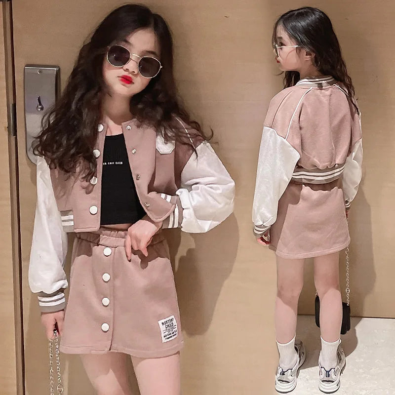 Spring Autumn Teen Girls Clothing Sets Fashion Baseball Coats + Slim Skirt 2Pcs Outfits Kids Tracksuit 5 6 7 8 9 10 11 12 13 Yrs