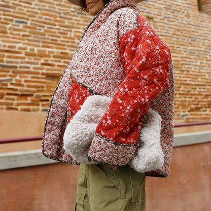 Floral Print Spliced Coat For Women Winter Cotton Down Coats Long Sleeve Thick Warm Cotton Padded Jacket Lightweight Outerwear