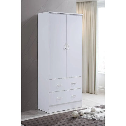 2 door wooden wardrobe bedroom closet, Cabinet equipped with clothes drying rod and 2 storage drawers, White