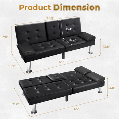 Sofa Bed Modern Faux Leather Couch Bed Convertible Folding Recliner for Living Room with 2 Cup Holders and Armrest Black Sofa