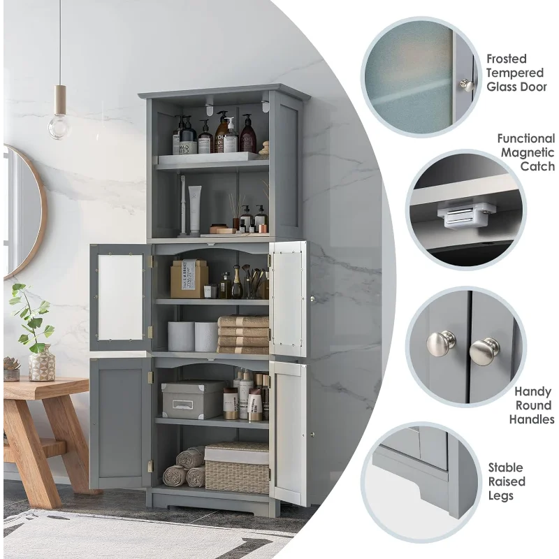 Giantex 64" Tall Bathroom Storage Cabinet, Freestanding Kitchen Pantry Cupboard with 2 Cabinets, 2 Open Compartments