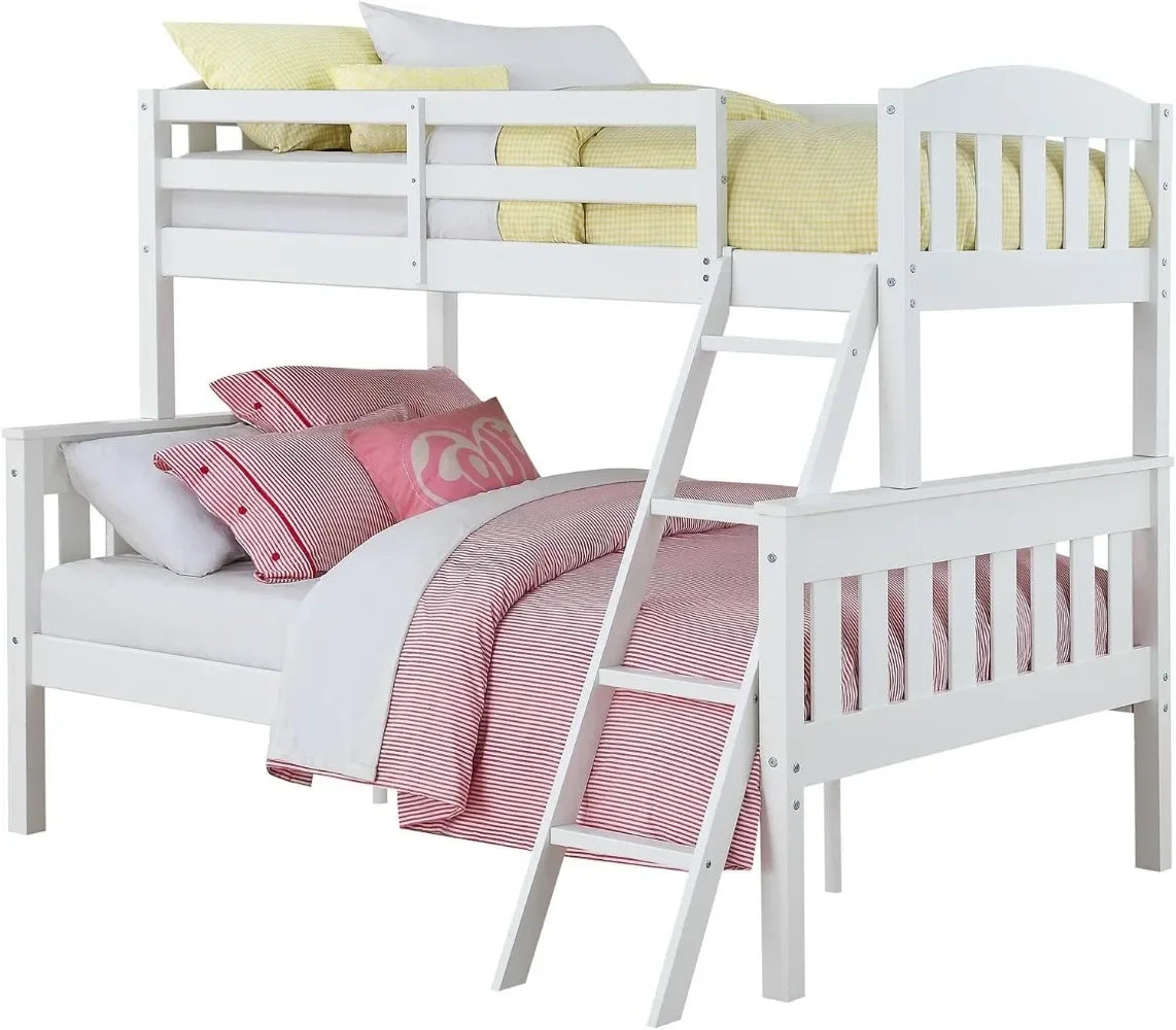 Dorel Living Airlie Solid Wood Bunk Beds Twin Over Full with Ladder and Guard Rail, White