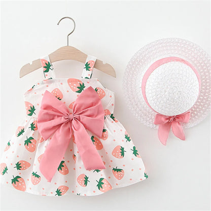 Summer Baby Girl's Dress Small Round Dot Strawberry Print Chest Bow Daily Casual Dress with Hat