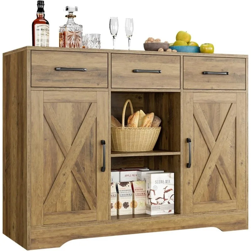 Modern Farmhouse Buffet Storage Cabinet, Barn Doors Wood Sideboard with Drawers and Shelves For Coffee Bar, Kitchen, Dining Room