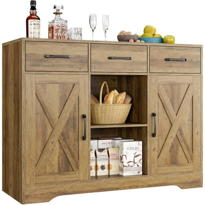 Modern Farmhouse Buffet Storage Cabinet, Barn Doors Wood Sideboard with Drawers and Shelves For Coffee Bar, Kitchen, Dining Room