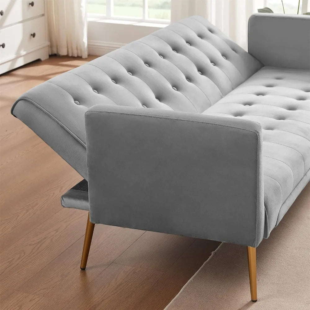 Tufted Upholstered Sofa Convertible Sleeper Sofa Bed Small Space Living Room, 2 Seater Couple Seat Sofa Bed Metal Legs, Grey