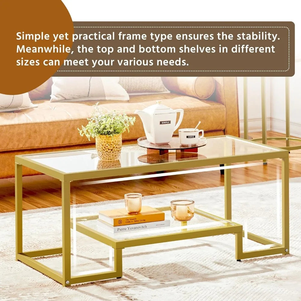 Yaheetech Gold Coffee Table, 42" Rectangular Glass Coffee Table for Living Room, 2-Tier Center Tea Table with Metal Frame