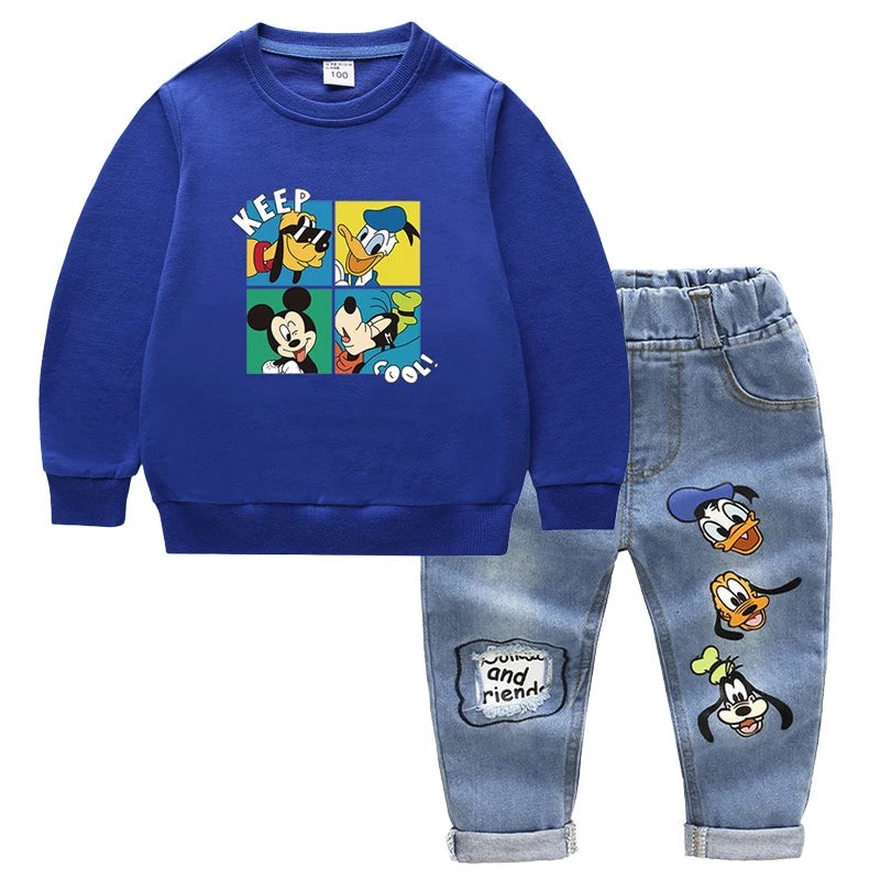 Fashion Baby Boys Cotton Clothing Sets Kids Cartoon Mickey Mouse Long Sleeve Tops + Jeans Pants 2Pcs for Children Tracksuits