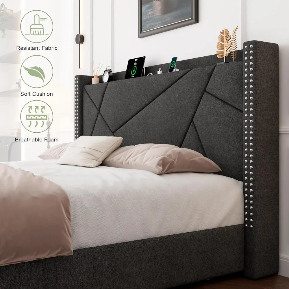 Feonase Full Size Bed Frame with 4 Storage Drawers Upholstered Platform Bed Frame Solid Wood Slats Support Noise-Free Dark Gray