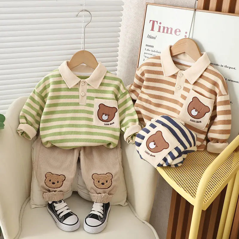 Spring Autumn Children Baby Boys Clothes Infant Strips Cartoon Bear T-shirt Pants 2Pcs/set Toddler Fashion Cloth Kids Tracksuits