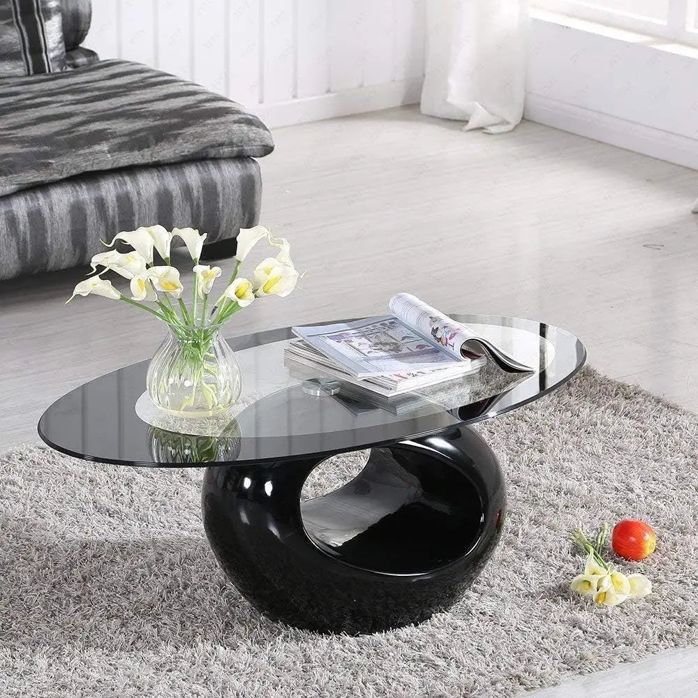 Contemporary Black Oval Glass Coffee Table with Round Hollow Base-Modern End Side Table for Home Living Room Furniture