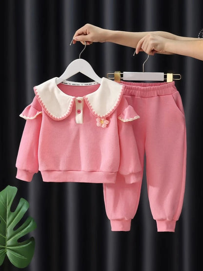 Cute Baby Girls Clothes Sets Casual Peter Pan Collar Kids Pullover Coats Tops+Pants 2Pcs Spring Autumn Children Clothing Suit