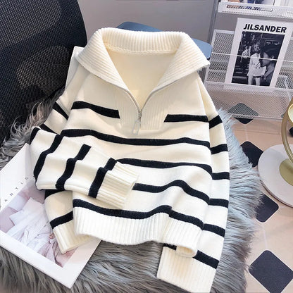 Casual Stripe Knitted Sweater 2023 Spring Autumn Fashion Vintage Half Zipper Pullover Women's Short Tops Loose Chic Sweaters