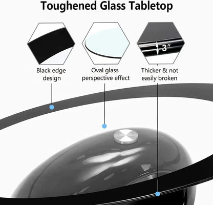 Contemporary Black Oval Glass Coffee Table with Round Hollow Base-Modern End Side Table for Home Living Room Furniture