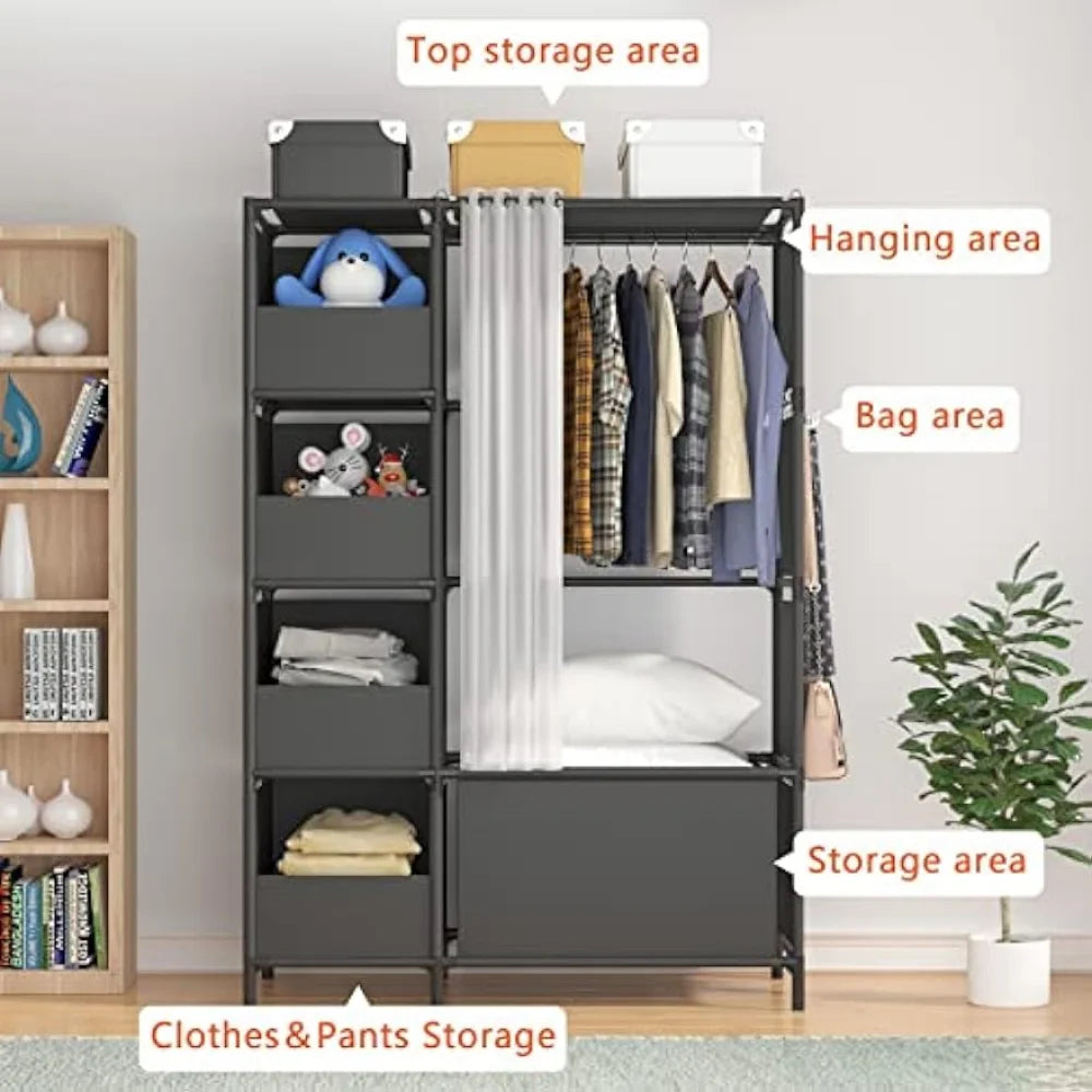 MOYIPIN Portable Wardrobe Storage Closet, Clothes Storage Cabinet with Curtain, for Living Room, Bedroom, Clothes Room, Black