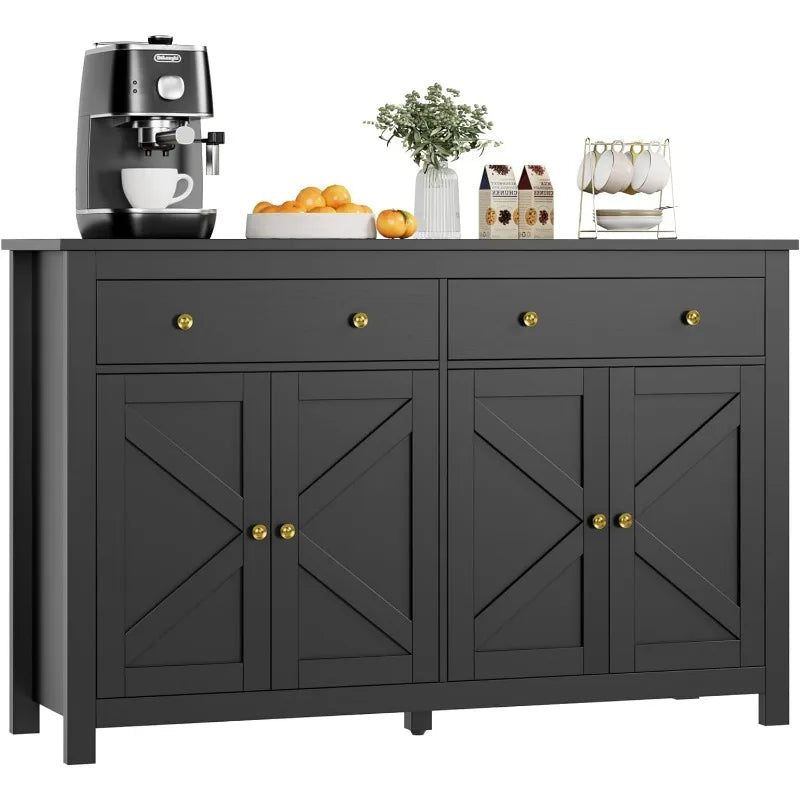 FOTOSOK Black Sideboard Buffet Cabinet with Storage, 55.1" Large Buffet Cabinet Kitchen Cabinet with 2 Drawers and 4 Doors