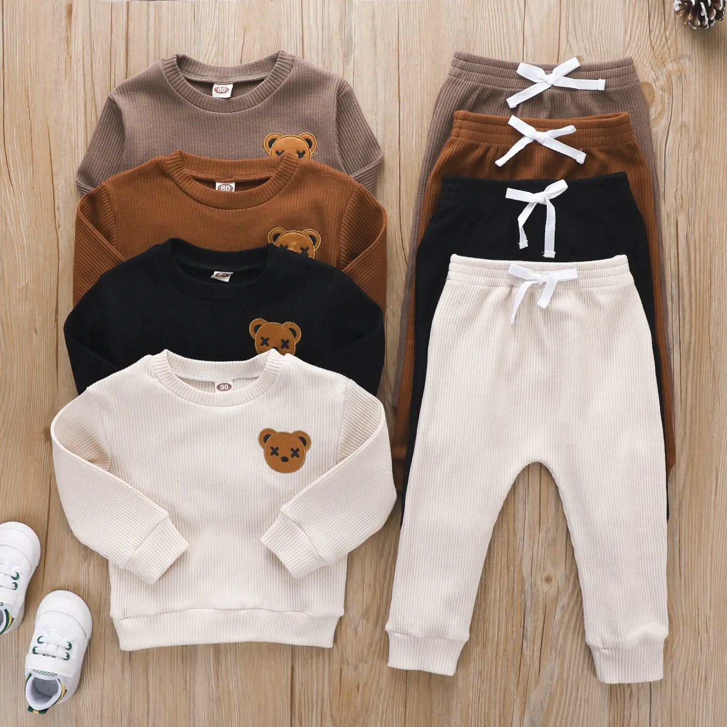 Toddler Boys Clothes Set Round Neck Long Sleeve Embroidered Bear Patch Tops Elastic Waist Long Pants Kids Autumn Casual Outfit