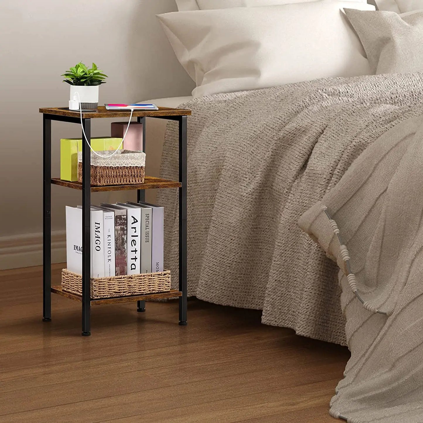 Nightstand Small Side Table Living Room with USB Ports and Outlets for Bedroom