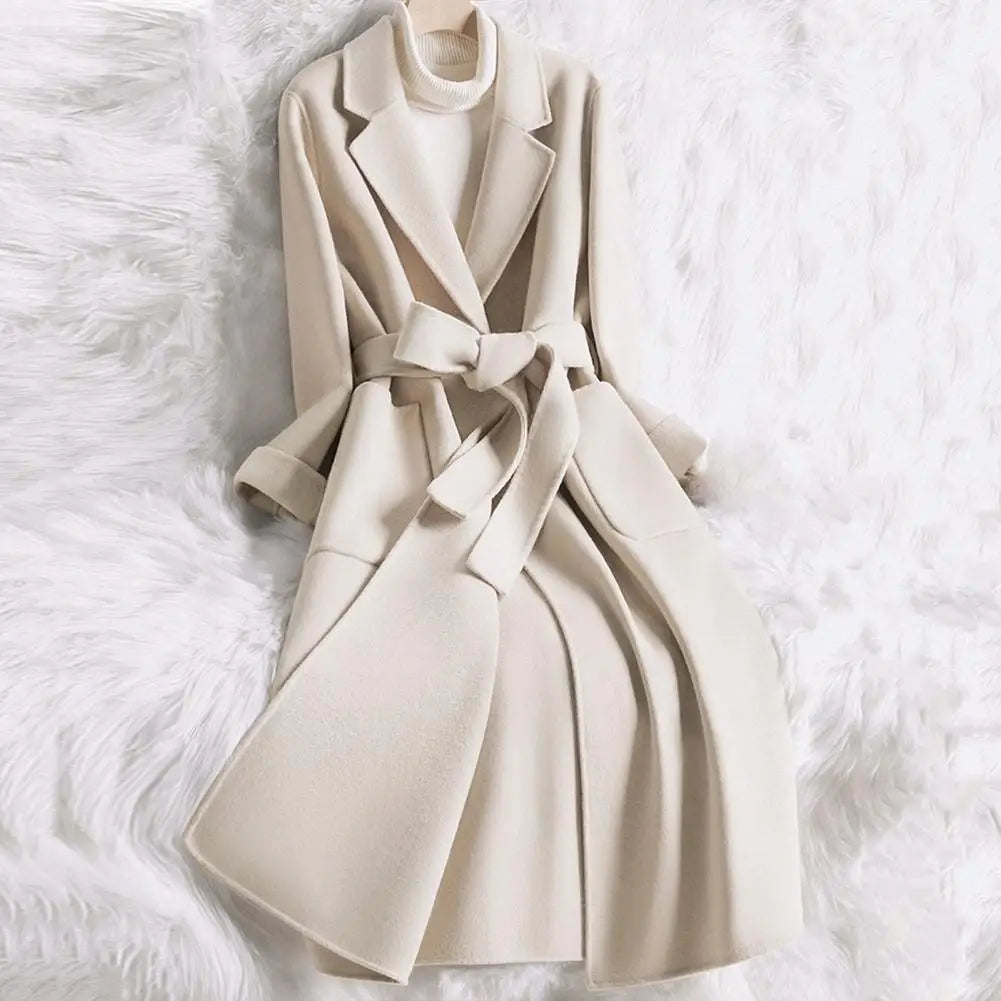 Double Side Faux Cashmere Woolen Coat Lapel Long Sleeve Belt Trench Coat wome Long Jacket Single Button Outwear Korean Wool Coat