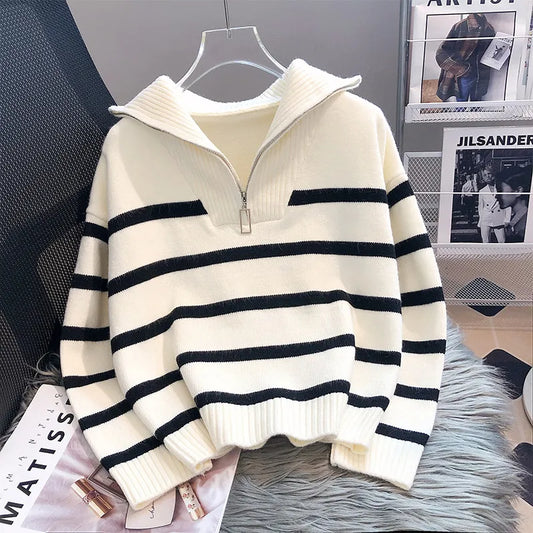 Casual Stripe Knitted Sweater 2023 Spring Autumn Fashion Vintage Half Zipper Pullover Women's Short Tops Loose Chic Sweaters